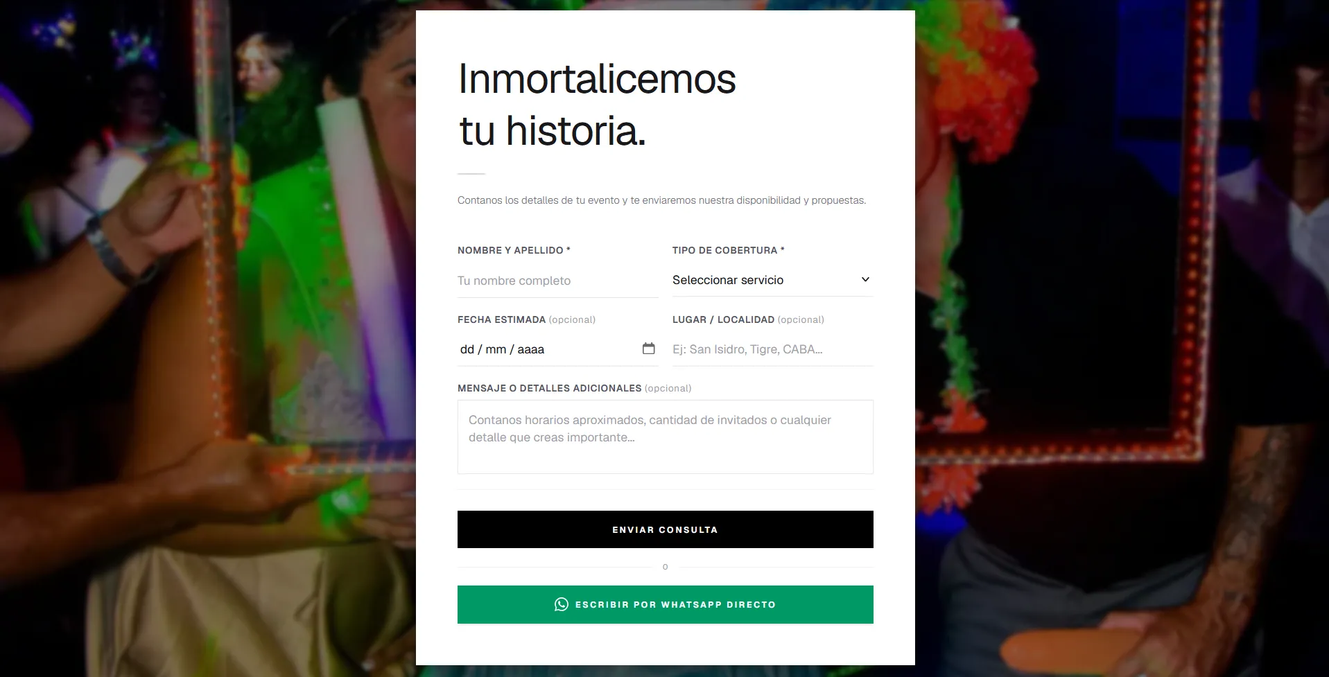 Sección de contacto del sitio de Lumos Fotografía