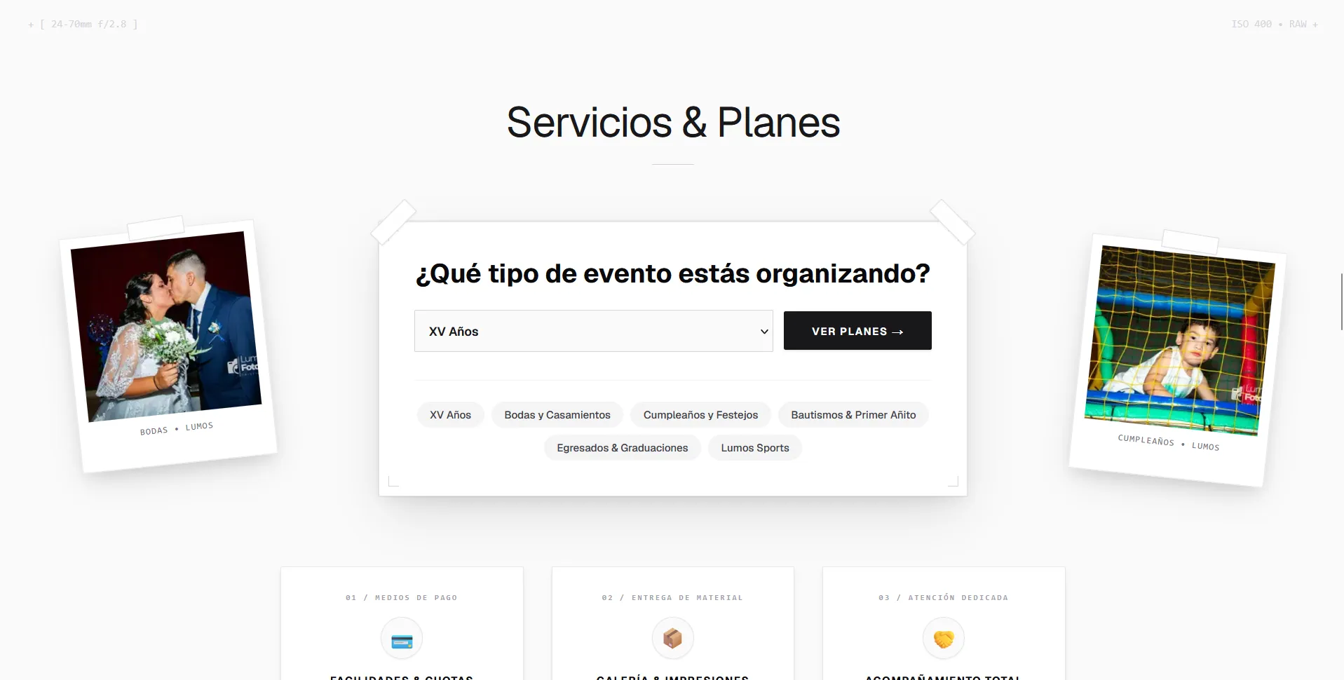 Sección de servicios y planes del sitio de Lumos Fotografía