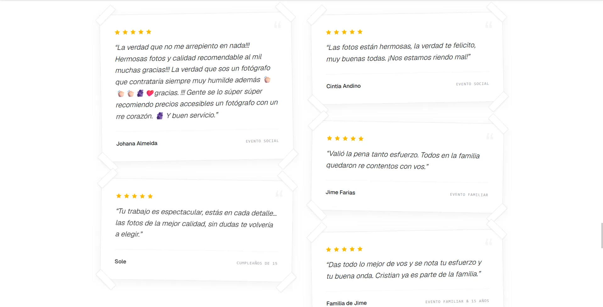 Sección de testimonios del sitio de Lumos Fotografía